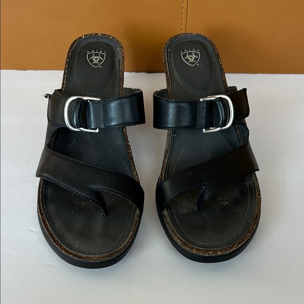 Ariat Black Leather Toe Loop Wedge Heel Slide On Sandals